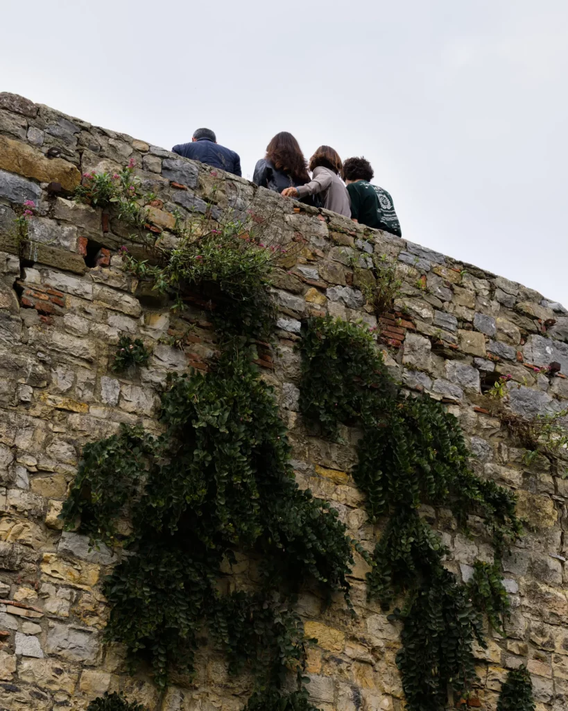 Eine Gruppe von 4 Personen von hinten zu sehen, stehen erhöht vor einer Brüstung und werden fotografiert. Die Mauer selbst ist begrünt. Der Himmel bedeckt