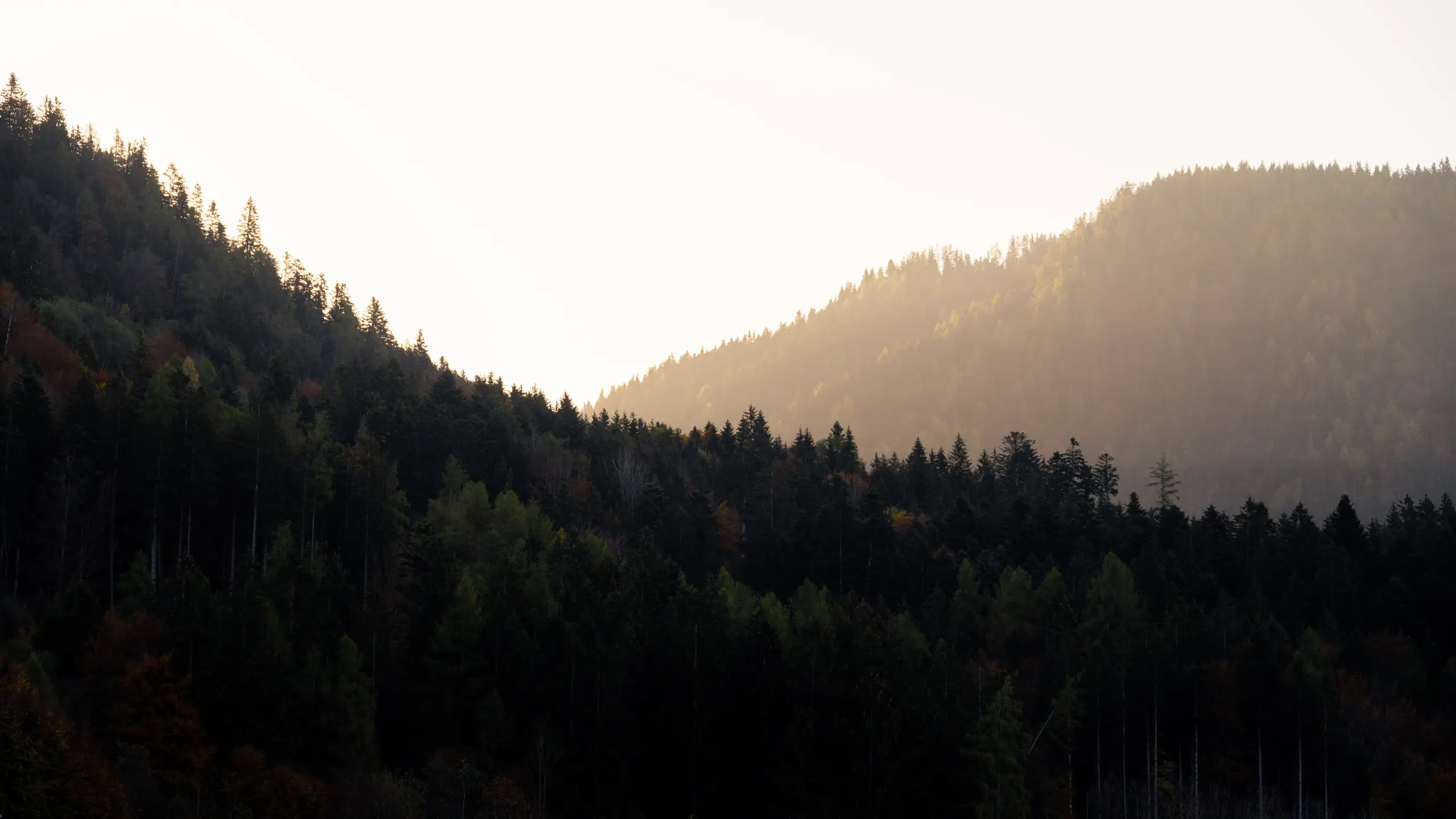 Im Vordergrund ein Bergkamm im Schatten und im Hintergrund ein Berg, der von der Sonne beschienen wird